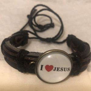 Christian Bracelet Black Leather I Love Jesus NEW Adjustable $6.00